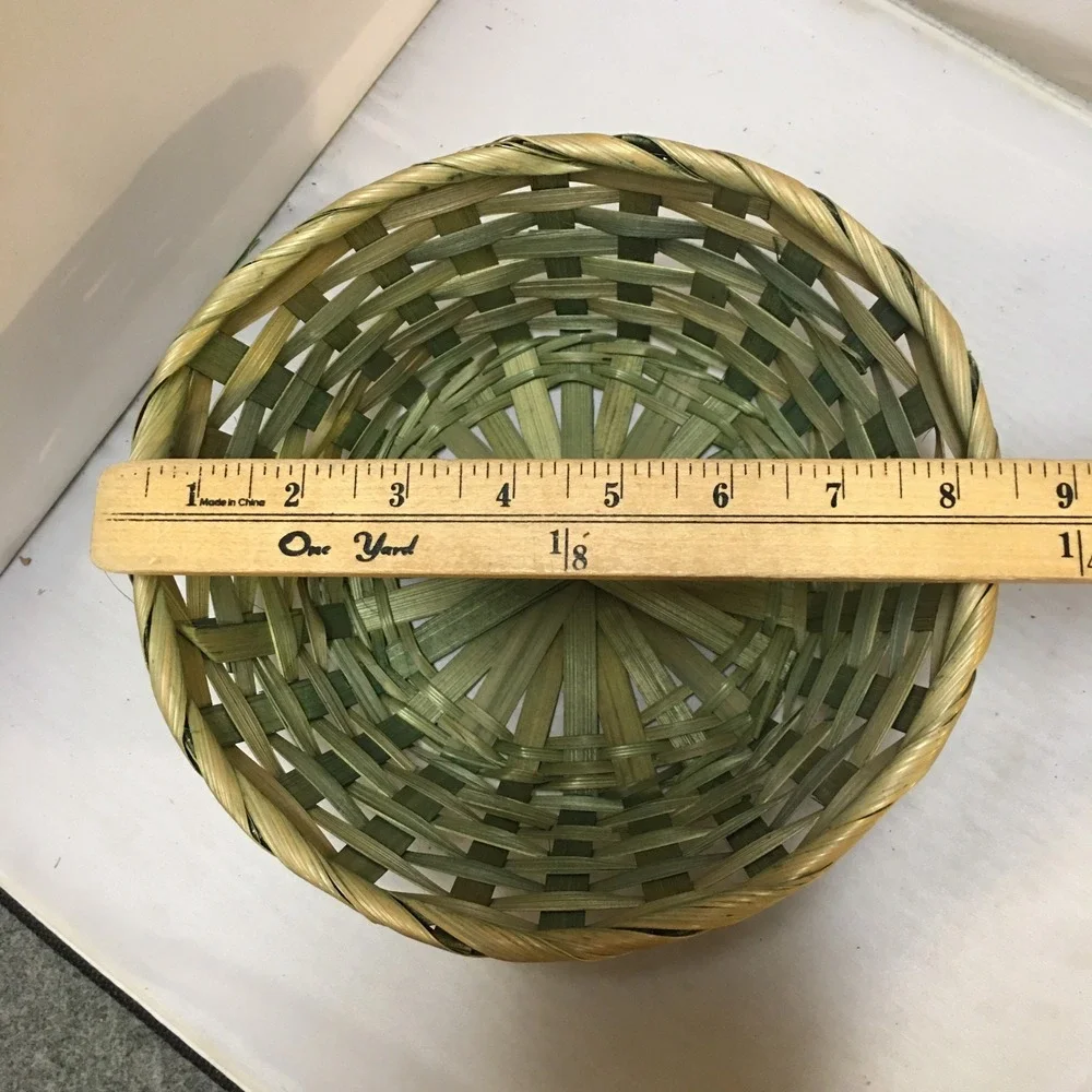 Woven Basket Small Green Natural Bamboo Straw Round Storage Decor Cottagecore